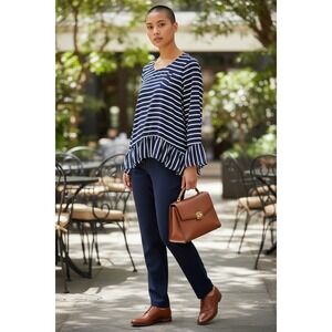a.n.a A New Approach Navy White Striped Ruffle Peplum Blouse Top Women's Size L